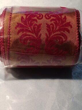 19+ Ft of Antique Gold Red Flocked Ribbon